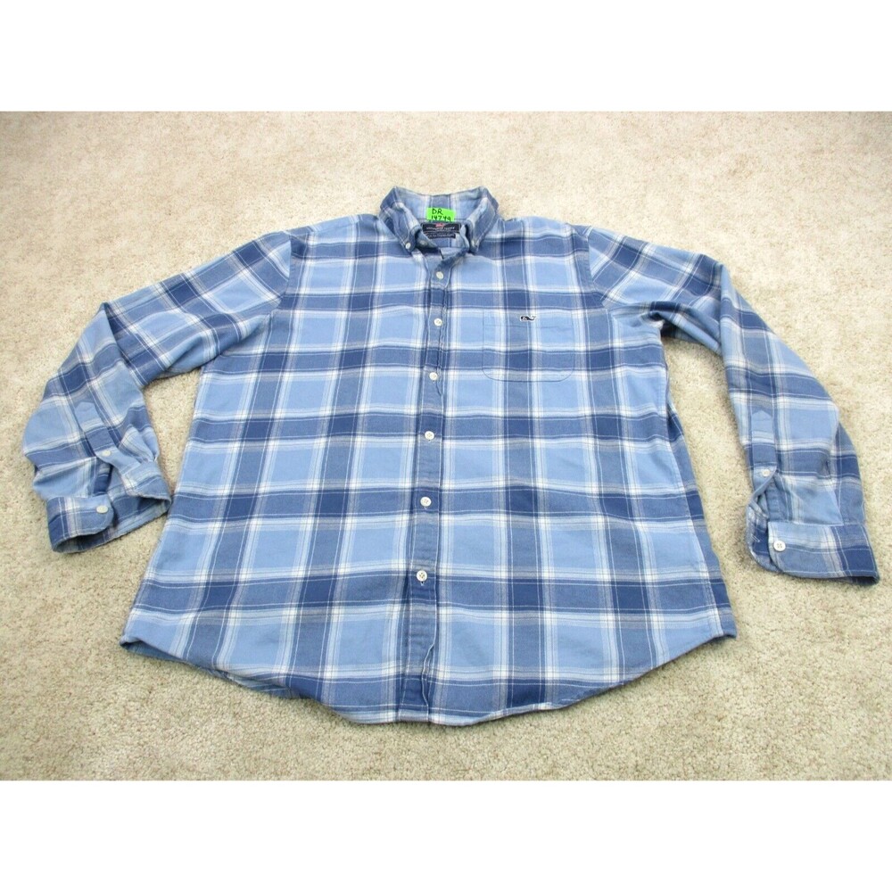 Vineyard Vines Shirt Men Large Slim Blue Whale Flannel Cotton Tucker Button Up